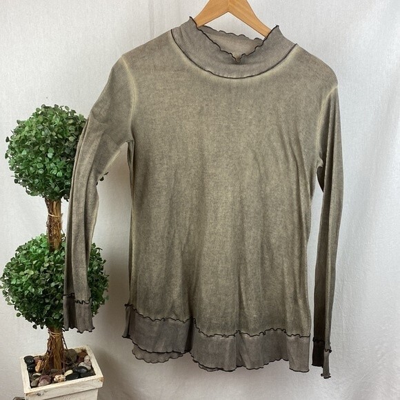 POL Tan Ribbed Long sleeve Ruffle Trim Tee T Shirt M - Picture 1 of 7
